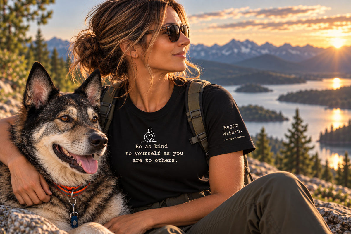 A woman wearing a black graphic t-shirt and sunglasses sits outdoors with a dog, set against a scenic mountain and lake sunset background. The t-shirt features a white graphic of a pregnant woman and the text 'Be as kind to yourself as you are to others.